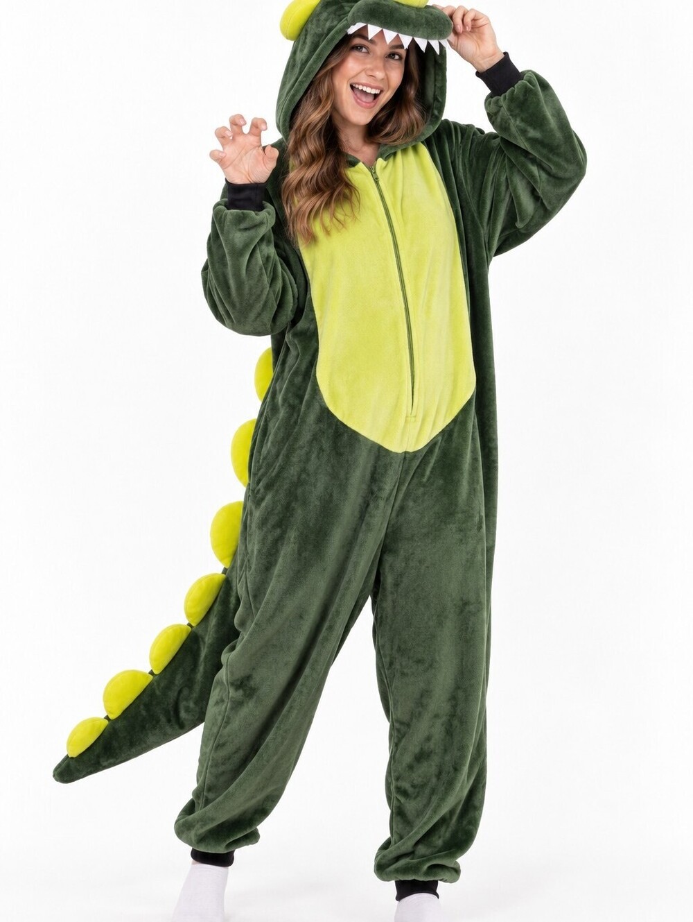 Adult Small / Medium Green Yellow Dinosaur Lizard One Piece Pajamas Costume